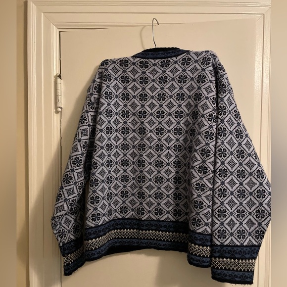 Skjaeveland Norwegian 100% Wool Navy Light Blue Fair Isle Cardigan Size Large - Picture 8 of 13